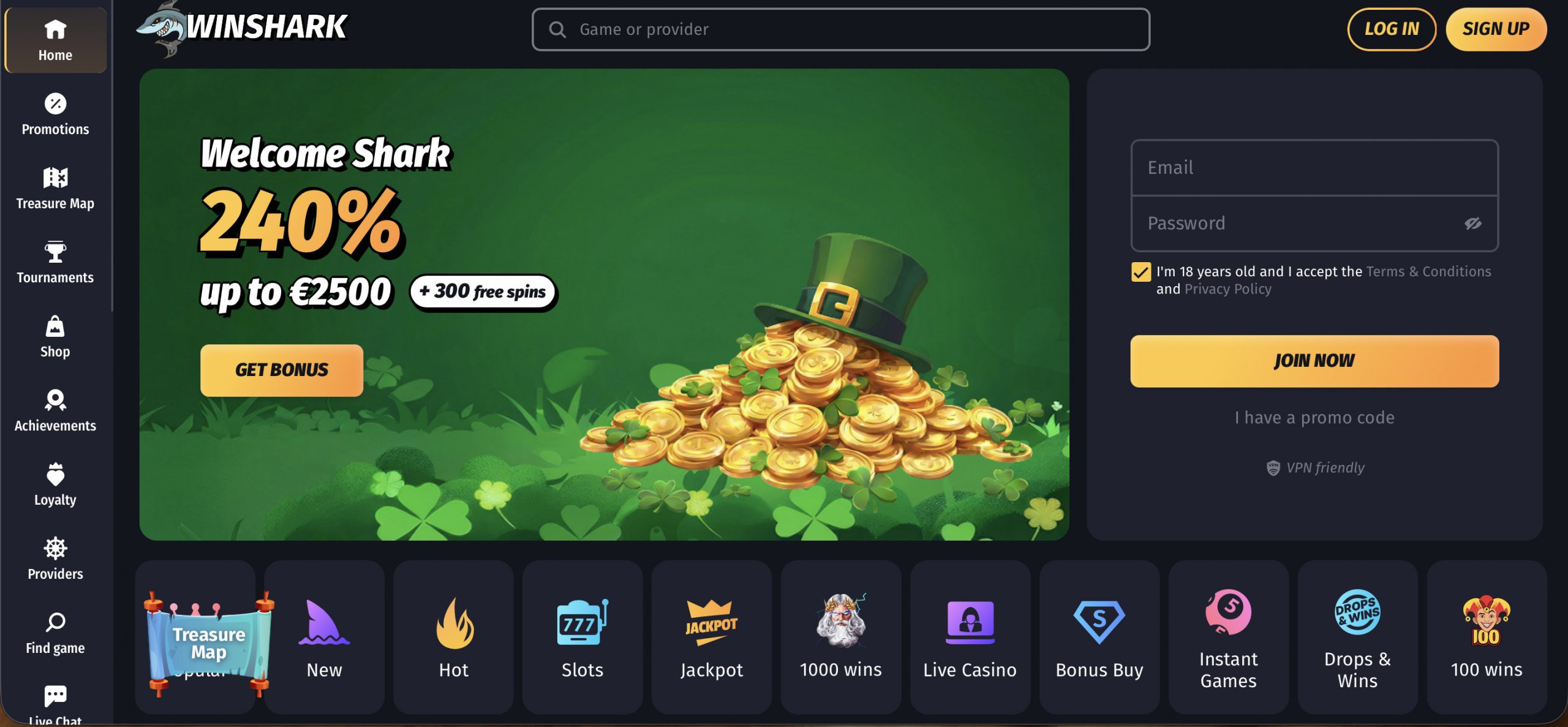 Startseite von Winshark Casino